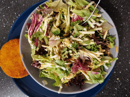kip saté maaltijdsalade Jumbo met kipburger beenham